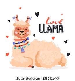 Cute cartoon alpaca in love concept. Love llama lettering phrase. Valentine's day greeting card. Vector illustration for greeting cards, t-shirts, sticker, posters, nursery room etc.