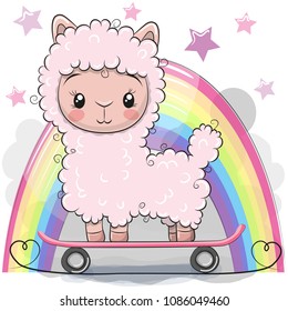 Cute Cartoon Alpaca with skateboard on a rainbow background