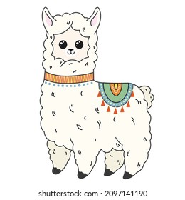 Cute cartoon alpaca standing and looking at camera. A funny white alpaca smiling and looking by a loving look. Vector clip art illustration in 2D. Hand-drawn simple style.