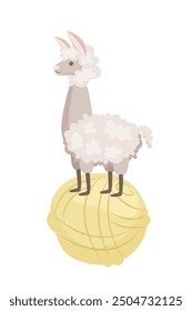 A cute cartoon alpaca stands on a ball of yarn. The symbol of natural wool. Concept of handmade and hobby knitting. Vector illustration on white background.