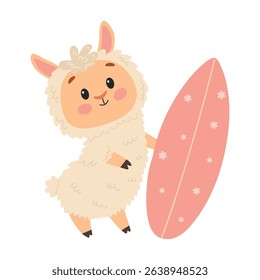 Cute cartoon alpaca with surfboard. Flat vector illustration in a simple children's style