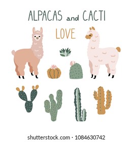 Cute cartoon Alpacas and Cacti Design Elements. Vector clipart. 