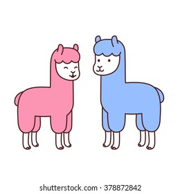 Cute cartoon alpacas couple. Isolated vector illustration.