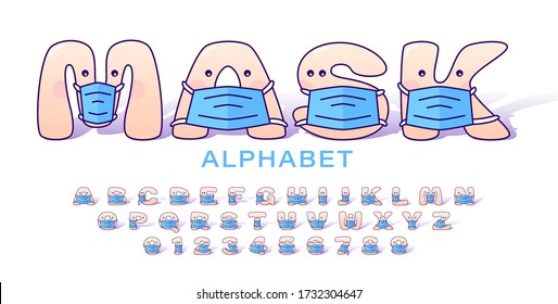 Cute cartoon alphabet in blue medical masks for kids. Set of letters and numbers in medical masks for children. Vector illustration