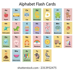 Cute cartoon alphabet for children education. Vector illustrations with descriptions. All elements are isolated