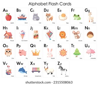 Cute cartoon alphabet for children education. Vector illustrations with descriptions. All elements are isolated. Letters and words. Flora, fauna, animals.