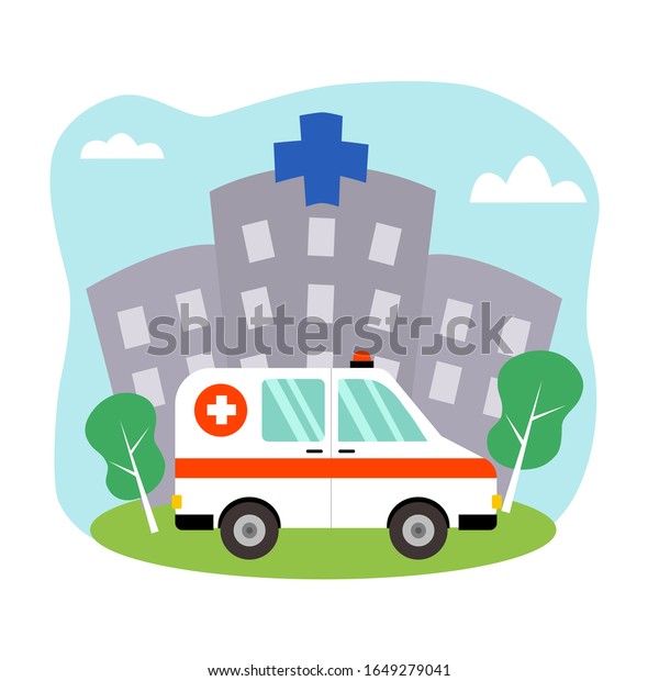 Cute\
cartoon ambulance car with hospital background. Medical health care\
concept vector illustration on white\
background.