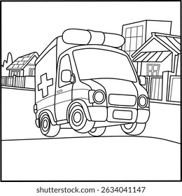 Cute cartoon ambulance on street in black and white line art, perfect for kids coloring pages, printables, and early education activities.