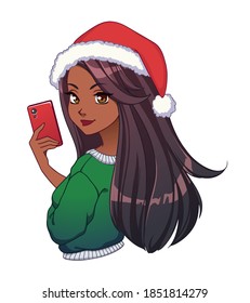 Cute cartoon american african girl with long hair taking selfie and wearing Christmas hat. Vector illustration isolated on white