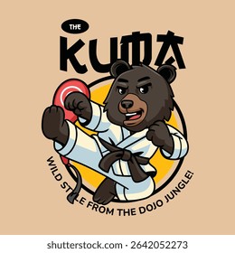 Cute cartoon American black bears in martial arts poses wearing karate uniforms. Fun and dynamic illustration perfect for kids, sports, and character design themes