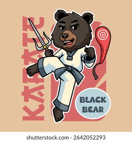 Cute cartoon American black bears in martial arts poses wearing karate uniforms. Fun and dynamic illustration perfect for kids, sports, and character design themes