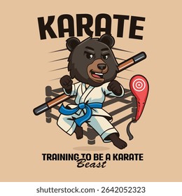 Cute cartoon American black bears in martial arts poses wearing karate uniforms. Fun and dynamic illustration perfect for kids, sports, and character design themes