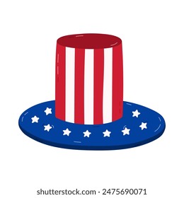 Cute cartoon American patriotic cylinder hat with US flag. Uncle Sam hat as symbol of Independence day, 4th July, freedom, democracy. Hand drawn illustration in red and blue colors isolated on white.