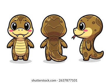 Cute Cartoon Anaconda Character Set - Front, Back, and Side View for Animation and Mascot. Vector illustraton