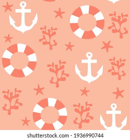 cute cartoon anchor, red coral, starfish and lifebuoy seamless vector pattern background illustration