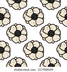 Cute cartoon anemone doodles seamless border pattern. Gentle flower vector repeatable background texture tile. Cozy template of stock print for wrapping design, wallpaper