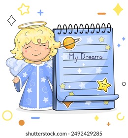 A cute cartoon angel and a blue notebook with stickers. Vector illustration of animal on a white background with stars, circles.