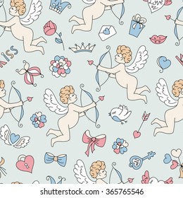 
Cute cartoon angel with bow and arrow. Doodle design elements Valentine's Day. Heart, wings, crown, butterfly, bow, key, bird, gift, love, a flower, a kiss. Seamless pattern vector illustration.