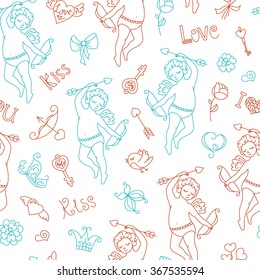 
Cute cartoon angel with bow and arrow. Doodle design elements Valentine's Day. Heart, wings, crown, butterfly, bow, key, bird, gift, love, a flower, a kiss. Seamless pattern vector illustration.