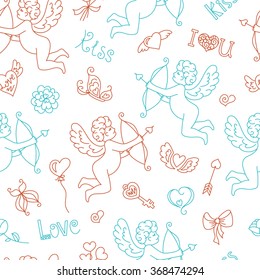 
Cute cartoon angel with bow and arrow. Doodle design elements Valentine's Day. Heart, wings, crown, butterfly, bow, key, bird, gift, love, a flower, a kiss. Seamless pattern vector illustration.