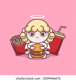 cute cartoon angel with burger fries and soft drink. vector illustration for mascot logo or sticker