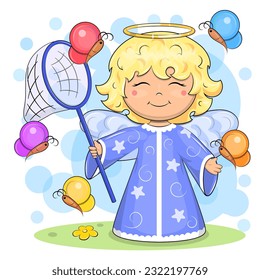 Cute cartoon angel and butterfly net   butterflies  Vector illustration blond baby and wings blue background 