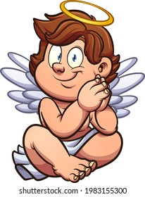 Cute cartoon angel or cherub sitting down. Vector clip art illustration with simple gradients. All on a single layer.
