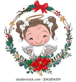 Cute Cartoon Angel with christmas wreath on a white background