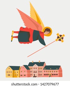 Cute cartoon angel with a cross flying above an old town, Christmas symbol. Trinity Suburb, old part of Minsk, Belarus