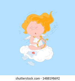 Cute cartoon angel cupid on cloud sings a love song and plays on harp, sits on white cloud in the sky. Beautiful character for wedding and Valentines day design.
