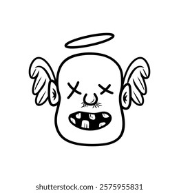 Cute Cartoon Angel Face with Wings and Halo - Fun and Whimsical Line Art