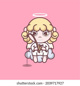 cute cartoon angel fishing above the clouds. vector illustration for mascot logo or sticker