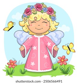 Cute cartoon angel with flower wreath in nature. Vector illustration of a girl on blue background.