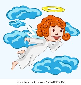 Cute cartoon angel flying in the clouds vector illustration element