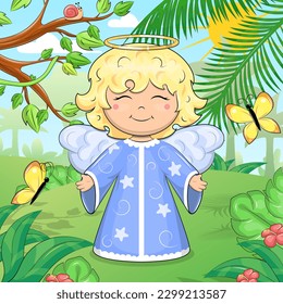 Un ángel de dibujos animados lindo en el bosque. Ilustración vectorial con árboles, mariposas, hojas y flores.
