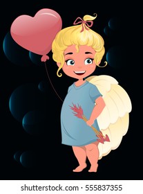 Cute cartoon angel girl with air balloon in in the shape of a heart and with arrows in her hands. Beautiful angel girl like Cupid. St. Valentine`s day vector illustration. Greeting card or poster.