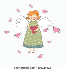 Cute cartoon angel with heart in hand on white background.