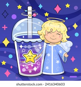 A cute cartoon angel is holding a big drink. Night vector illustration on a dark blue background with stars.