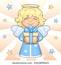 Cute cartoon angel holding a gift. Christmas or Birthday vector illustration on orange and white background with stars.