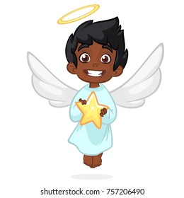 Cute cartoon angel holding a star. Christmas cartoon. Vector illustration isolated.