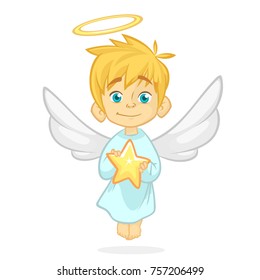 Cute cartoon angel holding a star. Christmas cartoon. Vector illustration isolated.