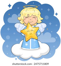 Cute cartoon angel is holding a yellow star and standing on a cloud. Night vector illustration on a blue background.