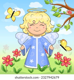 Cute cartoon angel in nature. Vector illustration with angel, yellow butterflies, red flowers, tree, green grass, blue sky and white clouds.