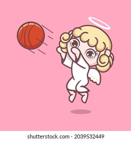 cute cartoon angel playing basketball. vector illustration for mascot logo or sticker