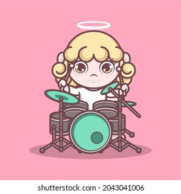 cute cartoon angel playing drums. vector illustration for mascot logo or sticker