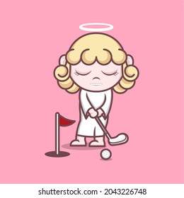 cute cartoon angel playing golf. vector illustration for mascot logo or sticker