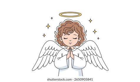 A cute cartoon angel praying with wings and halo twinkling stars overhead