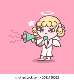 cute cartoon angel protesting using loudspeaker. vector illustration for mascot logo or icon