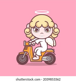 cute cartoon angel riding a scooter. vector illustration for mascot logo or sticker