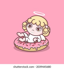 cute cartoon angel sitting on a big donut. vector illustration for mascot logo or sticker
